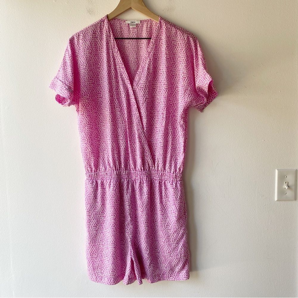 bar III women's short sleeve printed romper size s berry frost combo